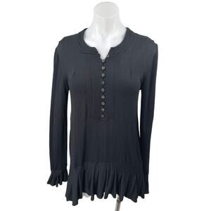 Free People Your Girl Black Long Sleeve Ruffle Henley Tunic Blouse Top Size XS
